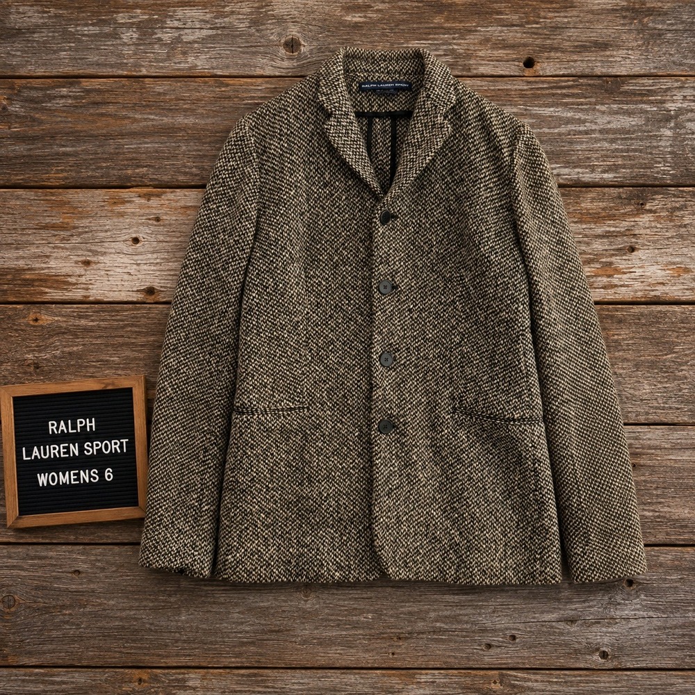 Ralph Lauren Sport Womens 6 Wool Herringbone Blazer Brown Union Made USA